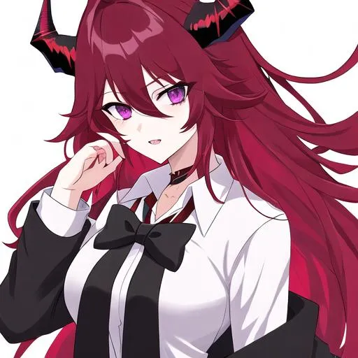 Prompt: girl, red, long hair, purple eyes, sharp teeth, white shirt and black tie, blood, high quality, tired, horns, best quality, any anime art style,  manga style