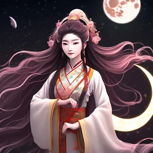 Prompt: A beautiful and ethereal moon goddess with long hair depicted In traditional Chinese attire standing in the flowing wind behind the full moon in the artstyle of digital art and anime