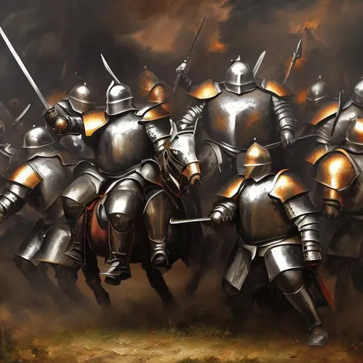 Prompt: Oil painting of fat black man with knights armor fighting in battle