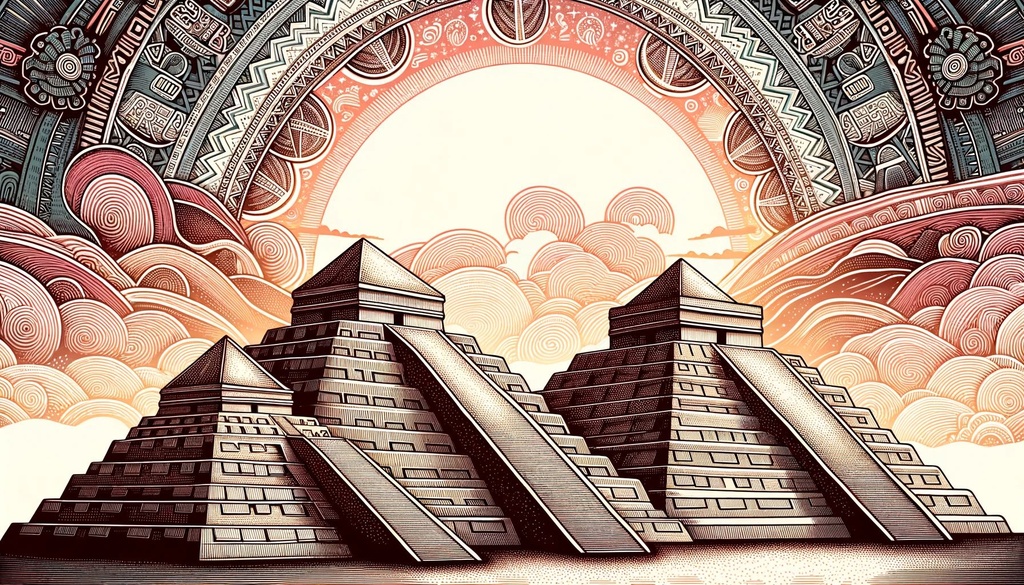 Prompt: pyramids in front of a sunset in style of moche art x moche art patterns