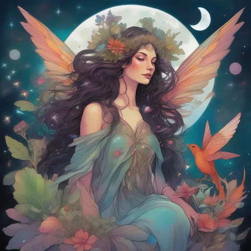 Prompt: A vibrantly and brightly coloured and colourful and beautiful head to toe Persephone as a fairy with iridescent fairy wings; with succulent, feathers and gems in her brunette hair. In a beautiful flowing dress made of plants. Surrounded by birds and clouds, in a painted style in a marvel comics style framed by the constellations and the moon