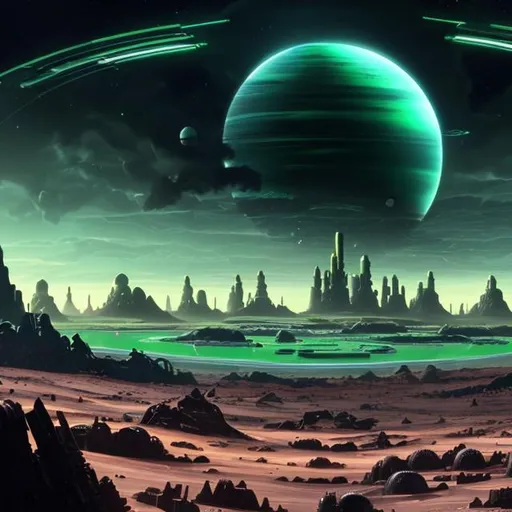 Prompt: A mechanical planet with thick green skies, copper sands, and shallow black. There is a dark city in the distance