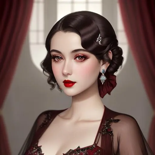 Prompt: Ethereal fantasy,  a beautiful 1920's high class young aristocrat female with dark brown eyes perfect cherry red lips wearing a very beautiful formal gown