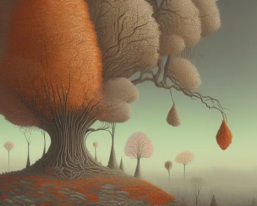 Prompt: ART DECO AUTUMN TREES, falling leaves, birds, hills, wind, clouds, castle, AURIKA PILIPONIENE IRA KENNEDY MARCI MCDONALD HOLAKANOLA MARIA SERAFINA DEBBIE CRISWELL victo ngai henri rousseau vladimir kush Arief Putra Anita Inverarity Alenka Sottler Itzchak Tarkay remedios varo