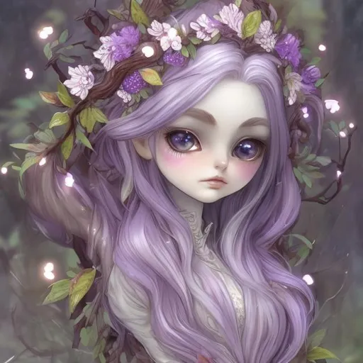 Prompt: Dryad, pale skin, covered in light violet leaves and bark, feathery white hair, violet feathers, masterpiece, best quality, in chibi art style