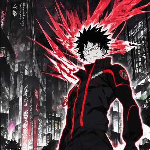 Prompt: Black and neon red. Accurate my hero academia todoroki as villain with blood and fire. Very Dark image with lots of shadows. Background partially destroyed neo Tokyo. Noir anime. Gritty. Dirty. Visceral. 