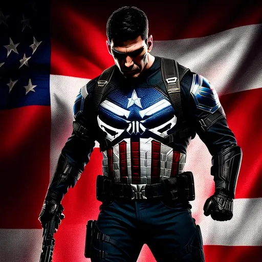 Prompt: High-resolution hyperrealistic photo of {{the punisher}} [[frank castle]] merged with captain america {{steve rogers}}, skull logo, black and crimson and grey costume, tattered US flag, uhd, hdr, 64k