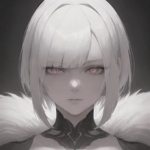 Prompt: "A close-up photo of a gorgeous short pure white haired woman, predator like eyes, in hyperrealistic detail, with a slight hint of loneliness in her eyes. Her face is the center of attention, with a sense of allure and mystery that draws the viewer in, but her eyes are also slightly downcast, as if a sense of loneliness is lingering in her thoughts. The detailing of her face is stunning, with every pore, freckle, and line rendered in vivid detail, but the image also captures the subtle emotions of loneliness that might lie beneath her surface." Wearing a black night gown