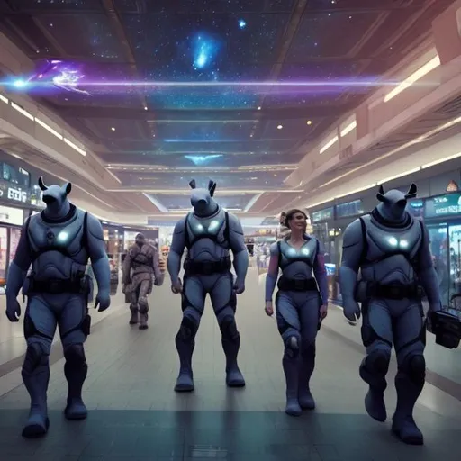 Prompt: rhino security guards in a busy alien mall, widescreen, infinity vanishing point, galaxy background, surprise easter egg