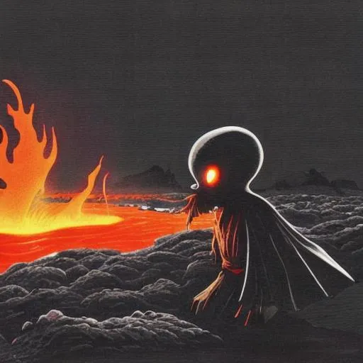 Prompt: A ghastly jet black ghost sucking the life out of a young warrior near a lava lake at night.