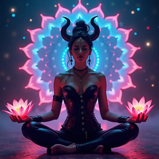 Prompt: (Goddess Kali in a black leather corset), holding a lotus flower, meditating, (neon colored universe), radiant colors, vivid lighting, ethereal atmosphere, mystical ambiance, high contrast, star-filled background, surreal elements, transcendent vibe, 4K ultra-detailed, mesmerizing harmony of color and form, meditative expression, intricate lotus design, balance of strength and serenity.