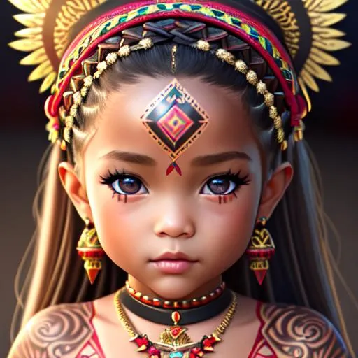 Prompt: extremely realistic, hyperdetailed, tribal little girl age=6, child, full tribal tattoo, highly detailed face, highly detailed eyes, highly detailed body, full body, whole body visible, full character visible, soft lighting, high definition, ultra realistic, unreal engine 5, 8K, digital art