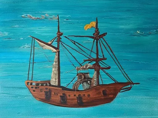 Prompt: Change this painting to a pirate sailing ship 