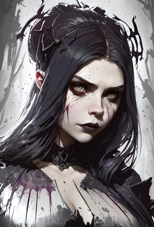 Prompt: Head and shoulders portrait of a beautiful Gothic vampire, [Julia voth: 0.7 Chloe Grace Moretz: 0.2] , By Ismail Inceoglu, By Karol Bak, By Dan Mumford, hypermaximalist, depth, Borderlands paper marbling! Thick Charcoal outlines, matte painting, Rtx Enabled, dramatic volumetric lighting, layered paper, realistic eyes