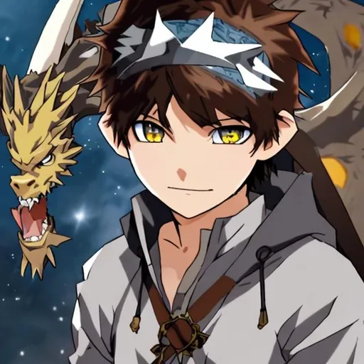 Prompt: An anime boy with brown hair brown eyes wearing a headband with a dragon crest with a large black sword on his back 