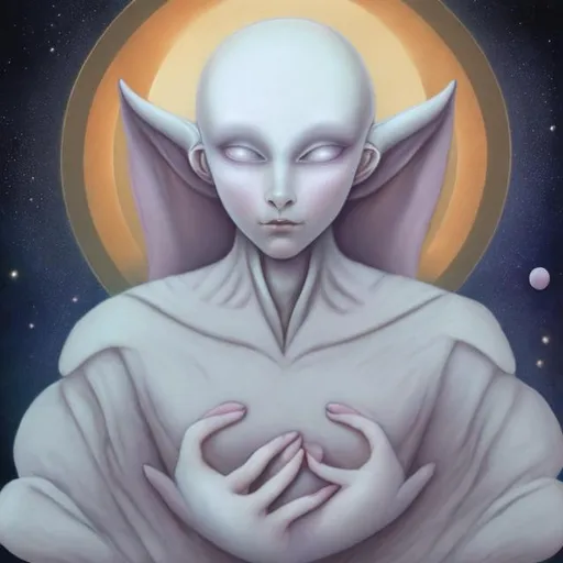 Prompt: etherial, soft, benevolent androgynous ALIEN, pale skin, soft expression, pregnant with earth, surrounded by celestial