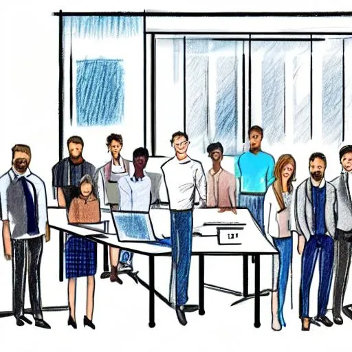 Prompt: 15 people with 12 men and 3 women.  All of them standing in an office. include a whiteboard in background with a diagram drawn on it.  Include a big desk.   Pencil Sketch