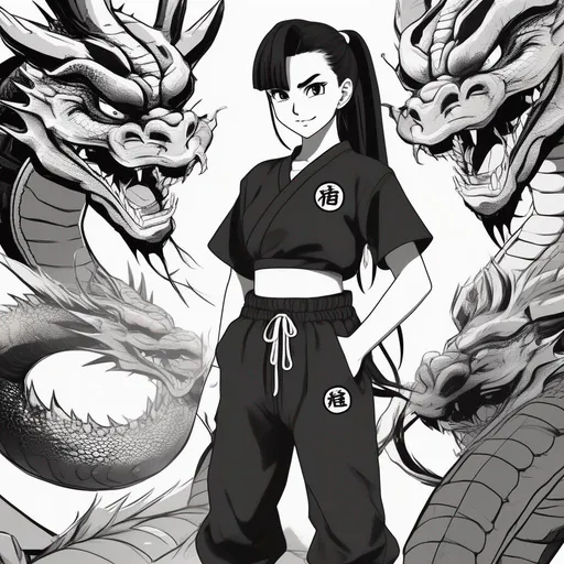 Prompt: Dragon Ball art style, young adult female, wearing black and white GI, shenron background, black baggy pants, black short ponytail, black eyes, training.