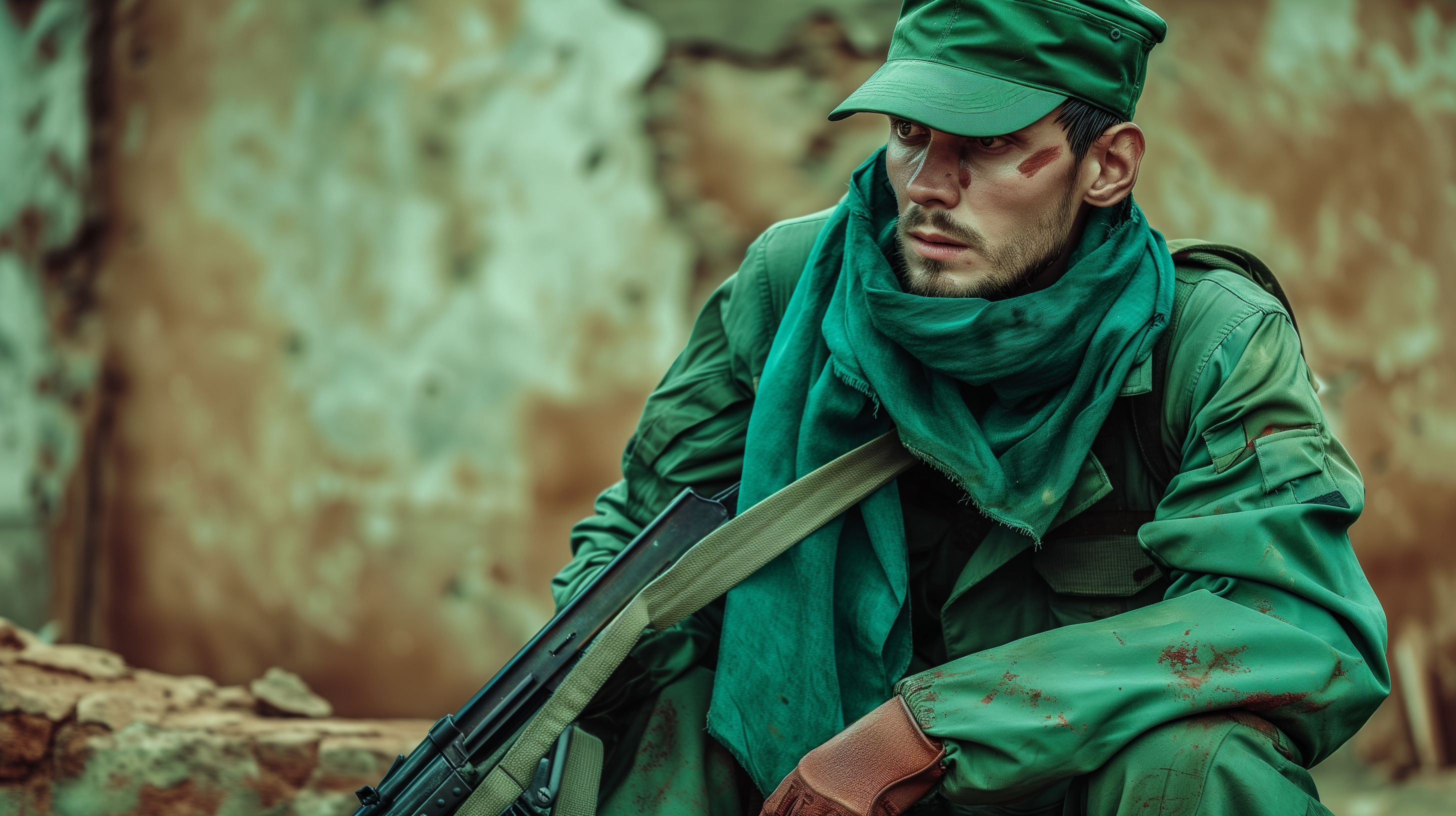 Prompt: green scarf, long tattered coat, tall lean mature man, sniper rifle on his back, green military hat, scowl, green pants, ripped sleave, holes in clothing, blue eyes, dirty brown messy hair, green shirt and pants, open brown duster, brown work boots, covered in dirt + dust + blood, blowing behind in wind --v 6.0 --ar 16:9