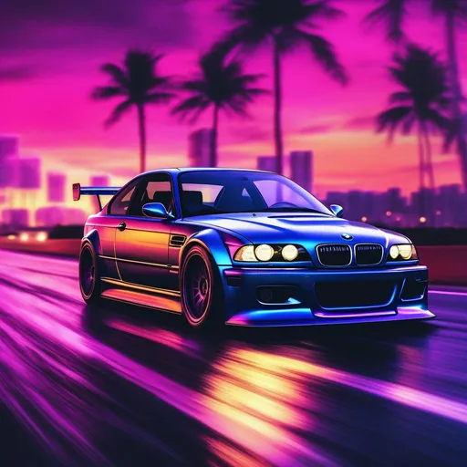 Prompt: 2001 BMW M3 E46 GTR, synthwave, aesthetic cyberpunk, miami, highway, dusk, neon lights, coastal highway, dusk, neon lights, coastal highway, sunset, drift, nurburgring, water on the road, blade runner, 64k, watercolor, macro sharp focus, 8, hyper realistic, cinematic, highly detailed, photoraelistic, clean