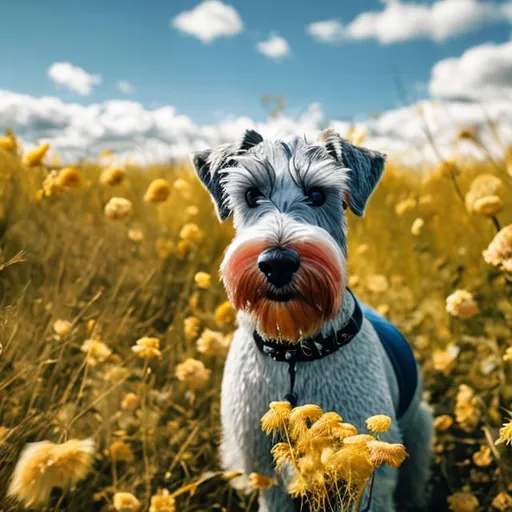 Prompt: Schnauzer arrives at a field full of yellow and pink flowers with a beautiful bluesy sky