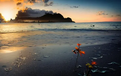 Prompt: Flowers behind beach sunrise