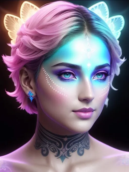 Prompt: handsome and gorgeous angel with short hair, intense and beautiful eyes and beautiful nose, thin fractals rainbow-piezoluminescent face tattoo, by greg rutkowski and artgerm and emile vernon, etheral, bioluminescence, muted colors, pastels, expressive, high detail, five fingers, symmetrical eyes, hyperrealistic, intricate artwork, symmetrical, digital painting, dynamic lighting, artstation, digital painting, artstation, cinematic lighting, intricate artwork, dreamlike, symmetrical, emitting diodes, smoke, artillery, sparks, racks, system unit, motherboard, sharp focus, emitting diodes, smoke, artillery, sparks, racks, system unit, motherboard, by pascal blanche rutkowski repin artstation hyperrealism painting concept art of detailed character design matte painting, 8k resolution blade runner