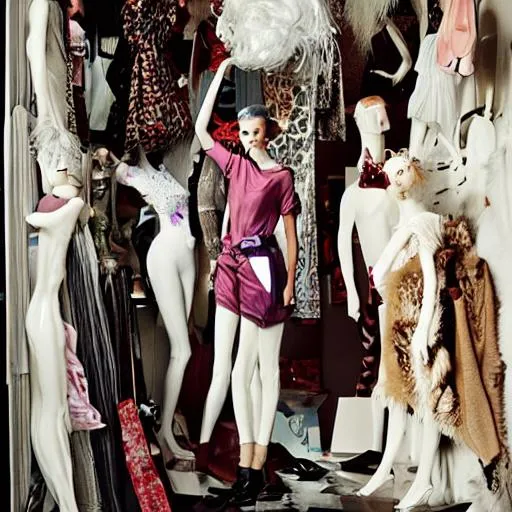Prompt: Vogue fashion editorial beauty story model schaparielli Dora Marr Maggie Maurer mountain of clothes floor to ceiling. Hoarders house. Collectibles. Beauty. Dada. mannequins. White pug. MOMA. Peggy Guggenheim. Venice. New York. London. Paris. Milan. Dali. Absolutely fabulous. Christian Dior. 