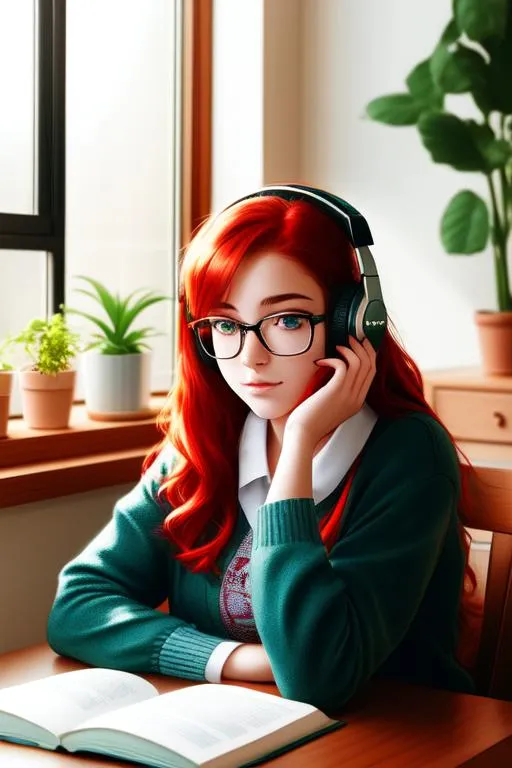 Prompt: a beautiful teen girl studying on a table, wearing headphone, red hair, side lighting, volumetric lights, plants on table, symmetrical face, freckles, coffe mug on table, aesthetic color palette, eye wear, 