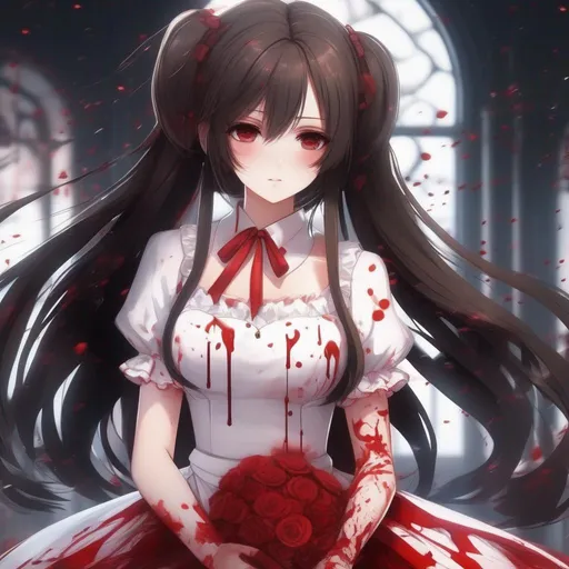 Prompt: 3d anime woman covered in blood brunette pigtails hair and white dress covered in blood and beautiful pretty art 4k full HD