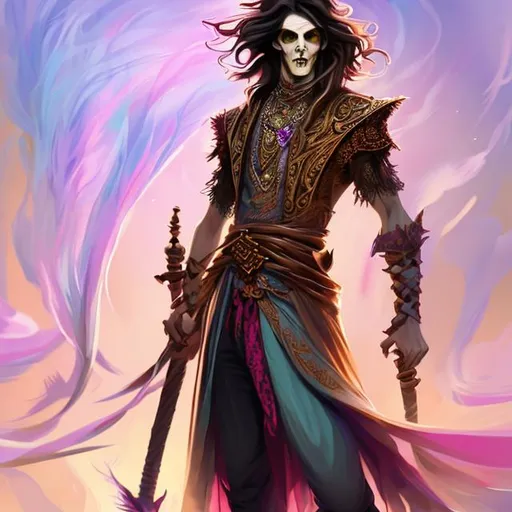 Prompt: Full body splash art of a sweet, young, expressive, smiling male undead zombie bard, mummified face, closed eyes, shoulder long black hair, skinny, bony, reddish purple noble clothes with puffy sleeves, wearing a floppy hat with feathers, D&D, dnd, fantasy, highly detailed, intricate, sharp focus, digital painting, trending on artstation, 4k, 8k, unreal engine