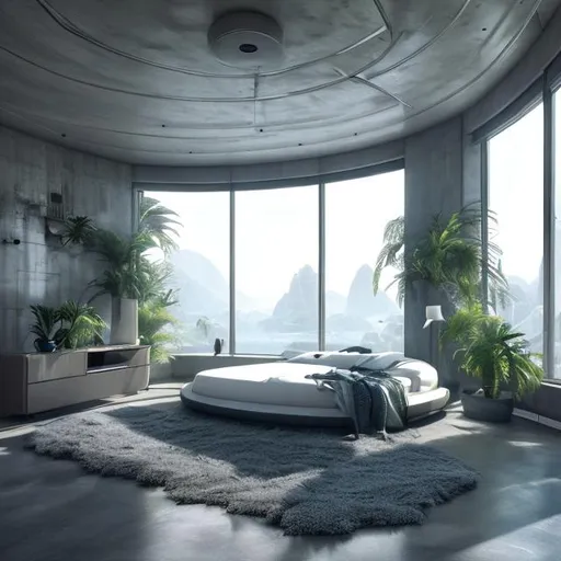 Prompt: futuristic large curved bedroom, clean, minimalist, scientist, solarpunk, tropical island, grey, big wall screen digital, thick rugs, luxury, interior, realistic details, photorealistic, 8k render, cinematic lighting, ultra detailed