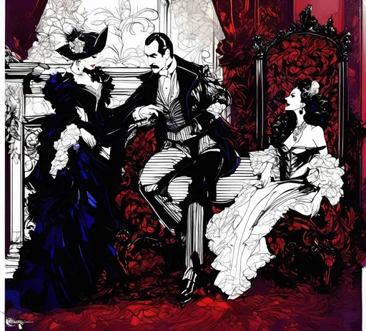 Prompt: (Vincent Price conversing with Bela Lugosi as Count Dracula), Black and White pen and ink sketch style, dark color scheme, elegantly gothic attire, intricate details, dim lighting, dramatic shadows, opulent background, luxurious textures, ornate furniture, deep reds and blacks, baroque patterns, solemn atmosphere, rich color tones, dark romanticism, ultra-detailed, 4K, photorealistic masterpiece, timeless elegance.