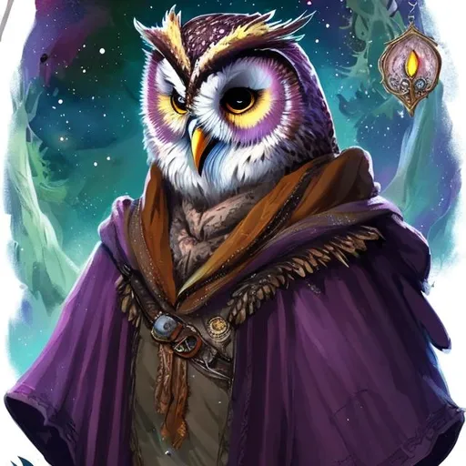 Prompt: Full body owlfolk with the colouration of a barnowl and eyes reminiscence of a purple milkyway, wearing a cloak and travel clothes, with travellers gear and an ornate rapier at his side. Sitting on his shoulder is an owl familiar with similar eyes.