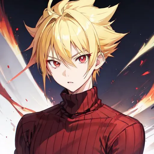 Prompt: Young anime guy with blonde spiky hair and dark red eyes wearing a sweater