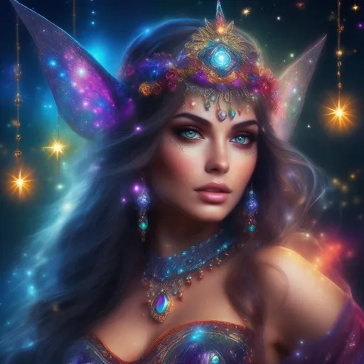 Prompt: A complete body form of a stunningly beautiful, hyper realistic, buxom woman with incredible bright eyes wearing a colorful, sparkling, dangling, glowing, skimpy, boho, flowing, sheer, fairy, witches outfit on a breathtaking night with stars and colors with glowing, detailed sprites flying about