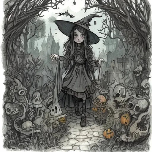 Prompt: witch girl in a spooky garden with small dragons, style of  Anton Pieck