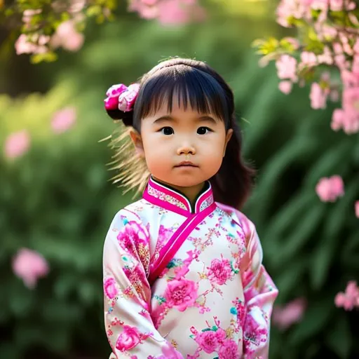 Prompt: Little blasian girl. Posing.  Wearing qipao.  Qipao.  Cute. Adorable. chubby cheeks. 