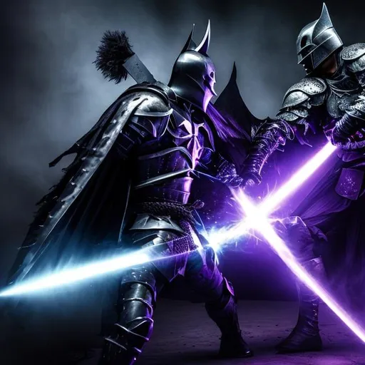 Prompt: Knight fighting a dark knight with a purple sword, purple light