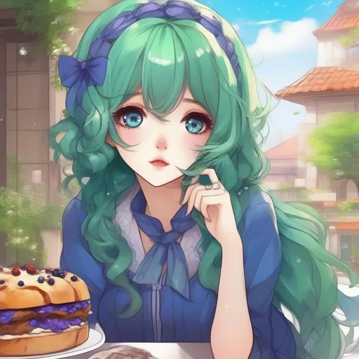 Prompt:   anime girl manhwa style cute and pretty, with eye pretty detailed, blueberry bread , with green hair, Bright style 