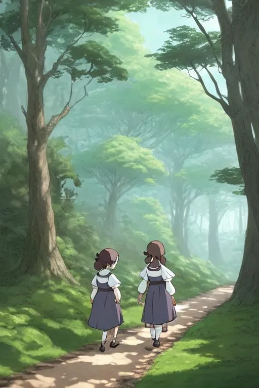 Prompt: two little sisters, by studio ghibli, victorian, walking on path, cartoon, smooth,  physically based rendering, drawing, forest background