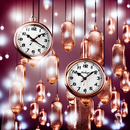 Prompt: Create a stunning composition with "Surrealist Melting Clocks" hanging from a tree and scattered around a desert. Use a golden ratio to add depth to the image. The distorted clocks represent the fluidity of time and memory.