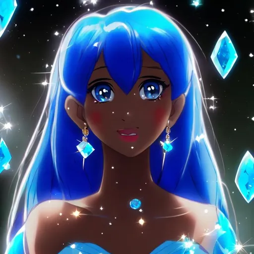 Prompt: Anime, Princess, Blue eyes, Blue Ballgown, Blue Topaz earrings, brown skin, HD, 4k, High Quality, Effects.