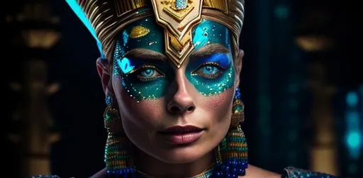 Prompt: pharoah, black eye mascara, blue face paint, gold face jewelery beads, gold, blue, green, beautiful, scifi, futuristic, margot robbie
