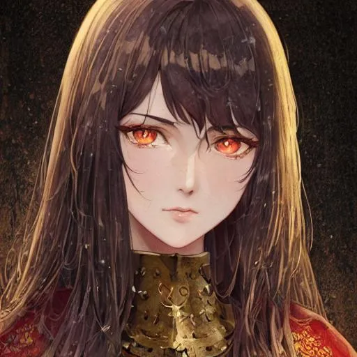 Prompt: portrait canvas, muted colors, watercolor style, vintage colors, by greg rutkowski, detailed, intricate face, detailed eyes, gentle tones, medieval theme, gothic tones, knight, golden armour, beautiful woman, long black hair, glowing red eyes, black pupil's 