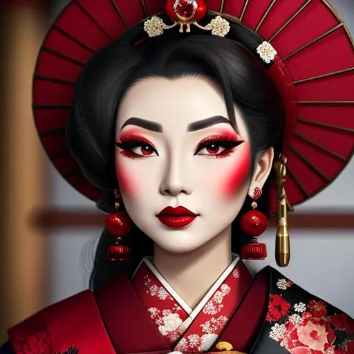 Prompt: Ruby lady-a geisha all in red, full face, elegant, facial closeup