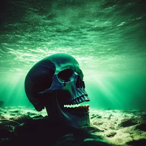 Prompt: Skull in the Sea in dark setting but light coming from the surface 