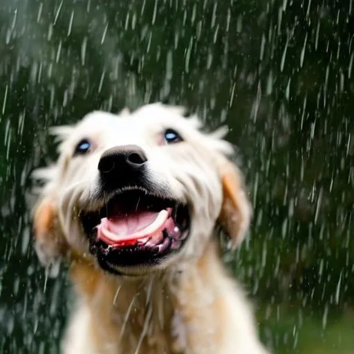 Prompt: A dog laughing in the rain