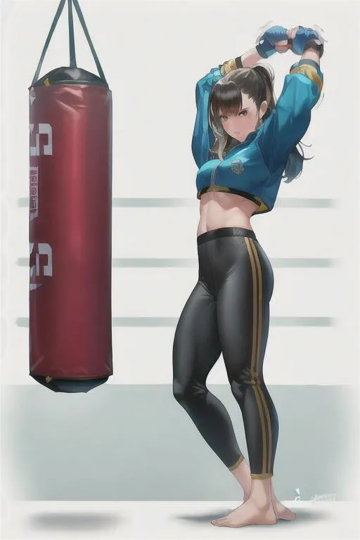 Prompt: Best quality, girl, (punching bag:1.2), master piece, punchingbag Beautiful tallgirl punching bag training muscle kicking punching sandbag High high quality 