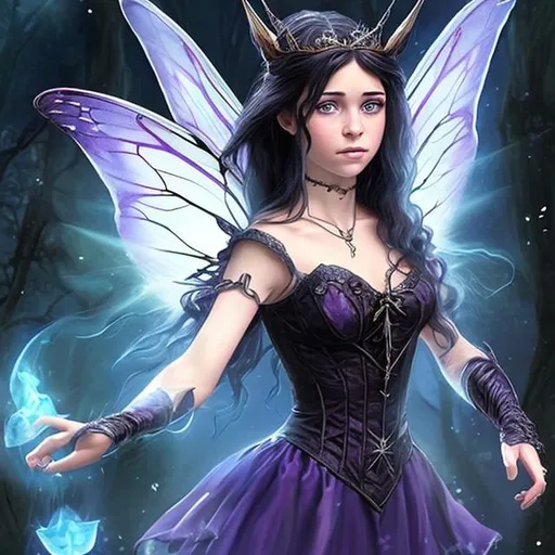Prompt: Photorealistic beautiful 20 year old fairy in D&D fantasy. Slight with fair skin. Her butterfly wings are red and black. Black hair and wearing a black dress, with a black cloak. She is a mage and is missing the index finger from her left hand. She's holding an ivory wand casting a spell. 